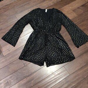 Black and Gold Faux Wrap Pull On Romper With Bell Sleeves SIZE LARGE